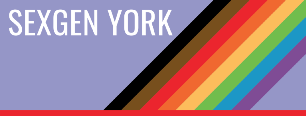 The banner has a light purple background with a red stripe running along the bottom. In the upper left corner, the image says "SexGen York" in all capitals. An angled rainbow runs from the top right to the bottom middle of the image, and is representative of the pride flag updated in 2017. The colours from top to bottom are: black, brown, red, orange, yellow, green, blue, and dark purple.