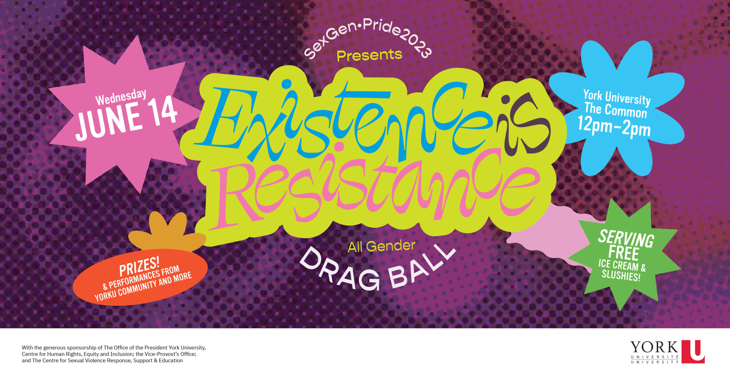 Purple poster with the words "Existence is Resistance SexGen. Pride 2023 All Gender Drag Ball